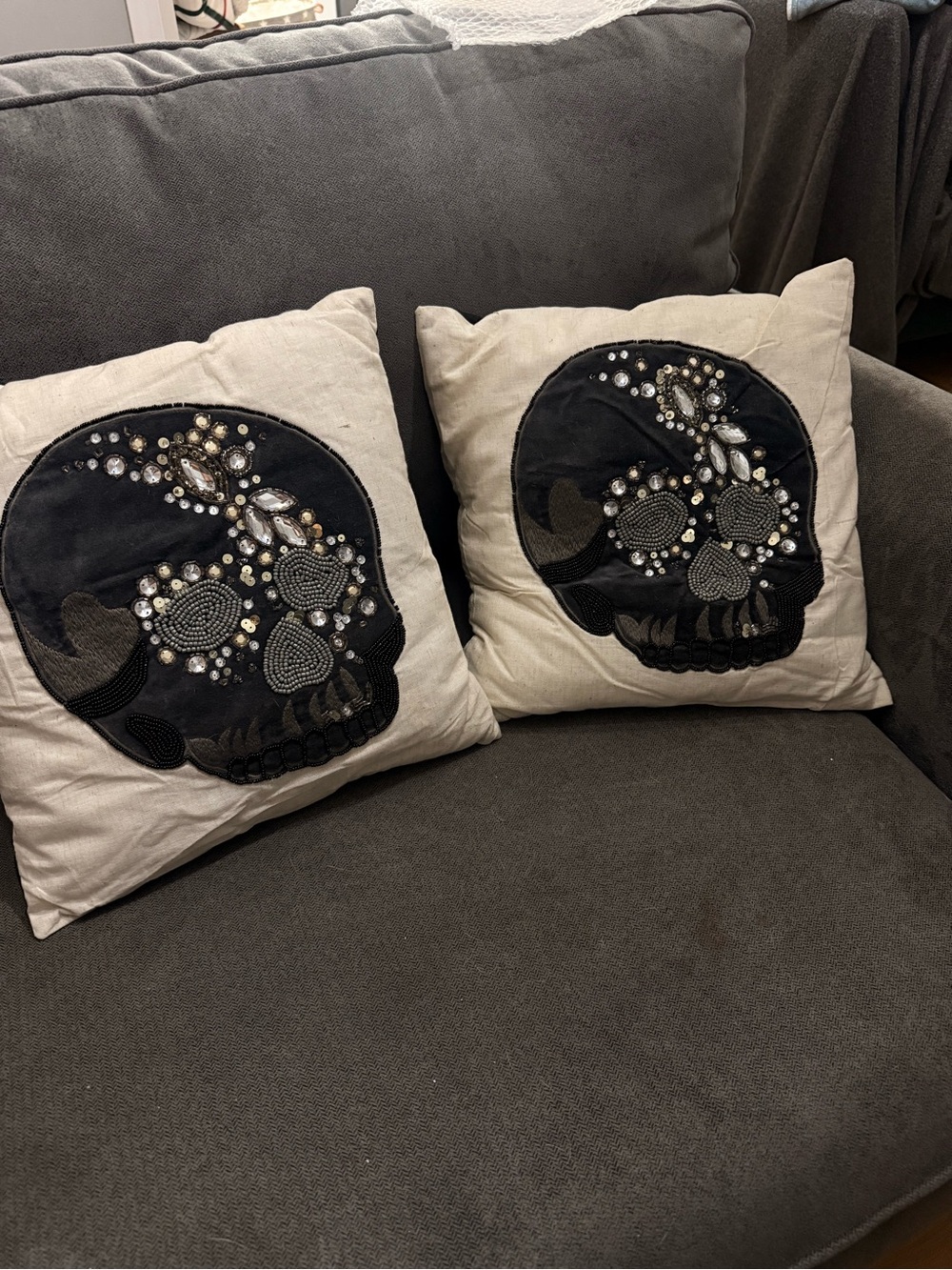 Pier 1 Neutral Linen Accent Pillow Pair with Black Beaded Skull Applique